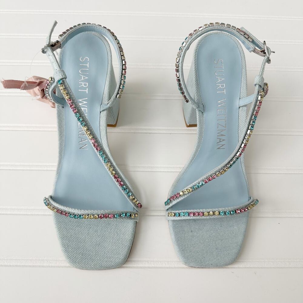 Stuart Weitzman Soiree Crystal 85 Denim Blue Block Heel Sandal Size 7.5 Color